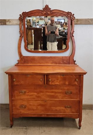 Antique Turn of the Century Maple Dresser w/ Curved Front & Beveled Mirror