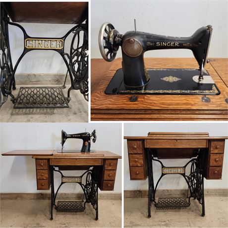 Antique Singer Treadle Sewing Machine in Oak Cabinet w/ Many Extras in Drawers!