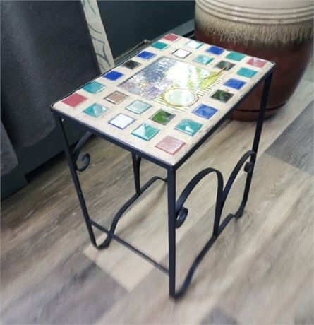 Small Wrought Iron Accent Table w/ Inlaid Top - 14x10x19