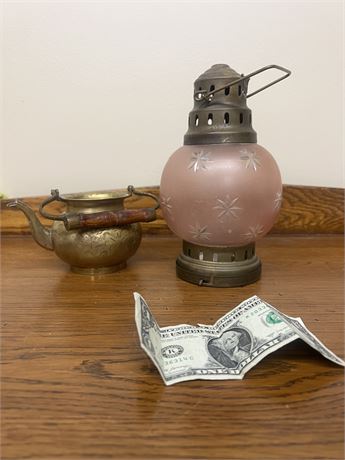 Vintage Brass Candle Lantern & Brass Teapot