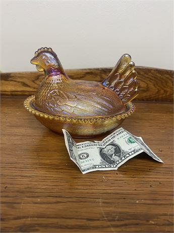 Vintage Indiana Iridescent Marigold Carnival Glass Chicken Hen on Nest