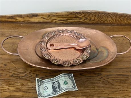 Vintage Copper Tray, Plate, and Shortening and Ice Cream Spoon