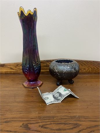 Vintage Indiana Heirloom Iridescent Vase & Fenton Glass Rose Bowl