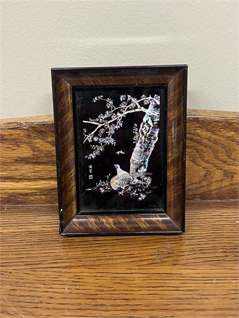 Vintage Asian Abalone Shell Pheasant Picture in Frame