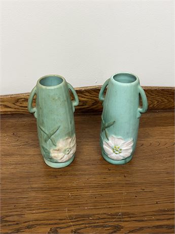 Vintage Pair of Weller Pottery Wild Rose Vases