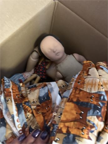 Doll Makers Dream-Box of dolls and fabric