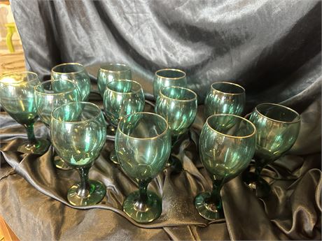 Set of 12 Gold Rimmed Green Goblets