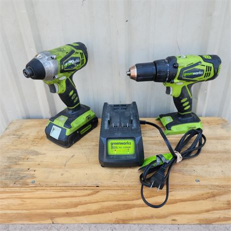 Greenworks Cordless Drill & Impact Wrench w/ Battery & Charger