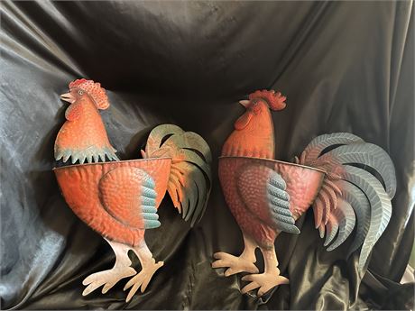 2 Metal Chicken Planters