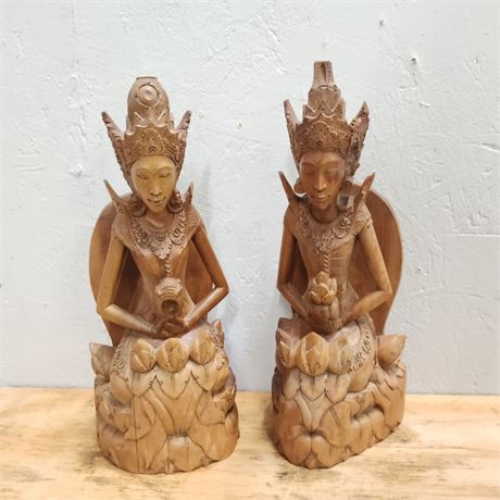 Hand Carved Wood Statue Pair