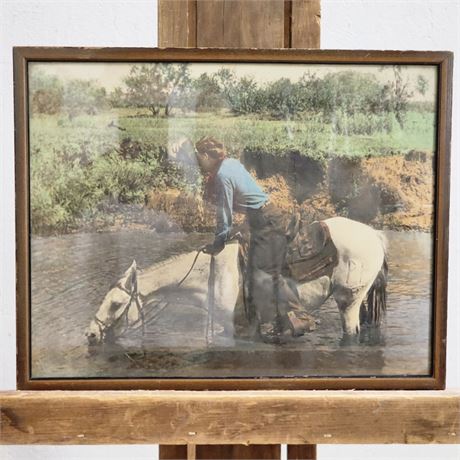 Cowboy w/ Hat Getting Water from the River Vintage Photo