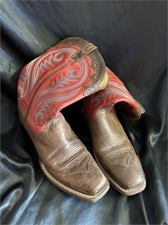 Ariat Cowboy Boots w/Blue Orange & White Stitching on Red Background