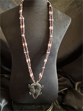 Kissing Otter Necklace w/ Silver, Purple, Pink and White Beads