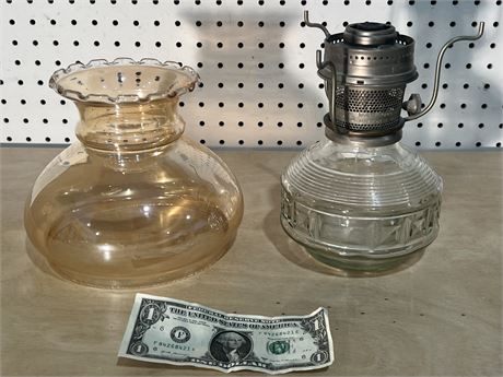 Antique Aladdin Colonial Gas Oil Lamp & Amber Glass Hurricane Lamp Shade