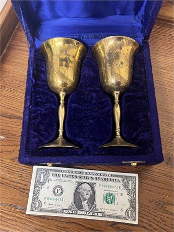 Antique Vintage Brass Wedding Wine Goblets with Floral Etching