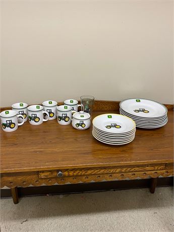 John Deere Set of 8 Dinner Plates, 8 Salad Plates, 6 Mugs, 1 glass & Sugar Bowl