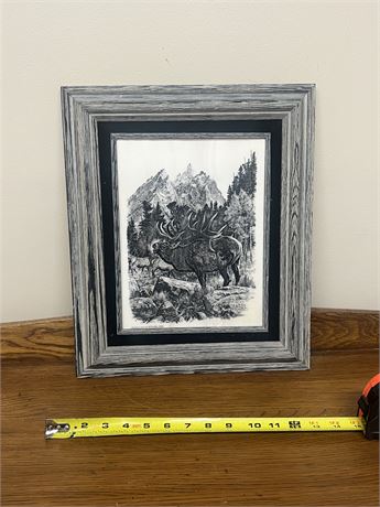 1977 Bugling Elk Etched Marble Framed Art by Artist Bill O’Neill