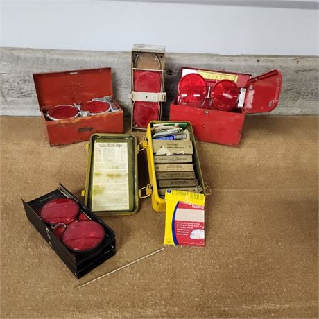 Assorted Vintage Emergency Reflectors & First Aid Kit