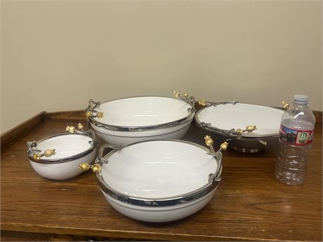 Ceramic White Bowls and Cake Stand with Decorative Handles