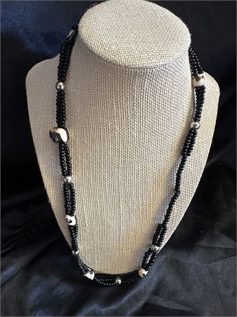 Black, Off White and Silver Beaded Necklace