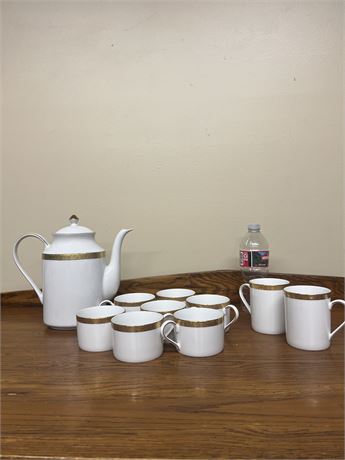 Set of Porcelain Espresso Cups, Mugs, and Tea Pot