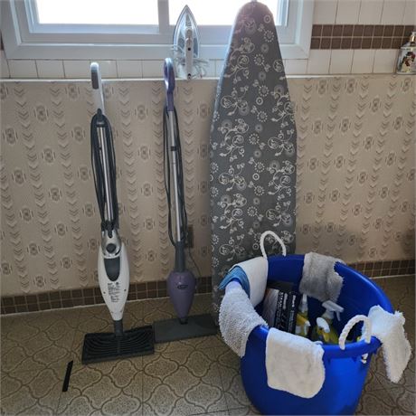 Floor Cleaners/Iron & Board/Tote full of Cleaning Supplies