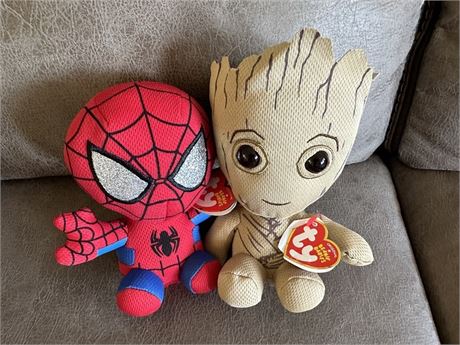 Ty Beanie Babies w/ Tags! Spider-Man and Groot-What a combo!