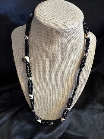 Black, Off White and Silver Beaded Necklace