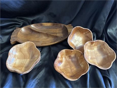 Vintage Monkey Pod Serving Set-6 bowls and tray