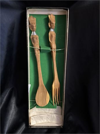 Hand carved Tiki Type Wooden Spoon and Fork