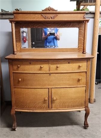 Curved Oak Antique Buffet w/ Beveled Mirror - 42x23x64