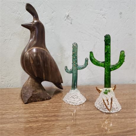 Hand Carved Iron Wood Quail & Cactus Blown Glass Sculpture Decor