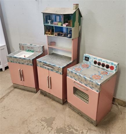 Vintage Pink Metal Kids Kitchen Set + Dollhouse - So Cute!!