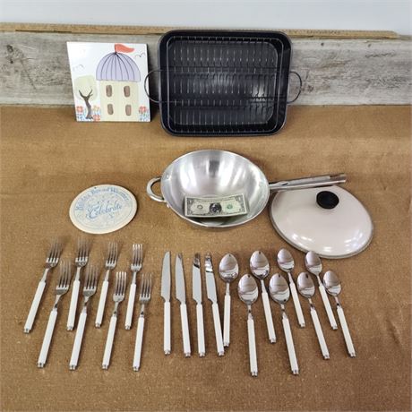 Stainless Pan w/ Lid, Utensils. Tile Trivets, Bake Pan Bundle