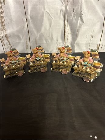 Set Of 4 Gold Candle Holder Features Teddy Bears Reading A Book