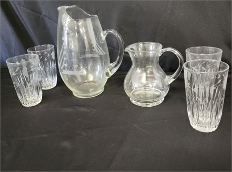 Vintage Water Pitcher Pair & Glassware