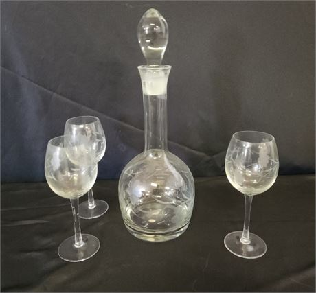 Vintage Etched Decanter & Glassware