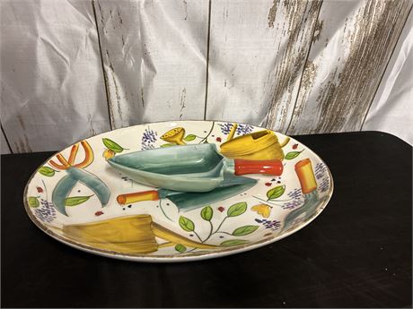 Large Platter With Dip Trowel/Shovel Painted Garden Tools