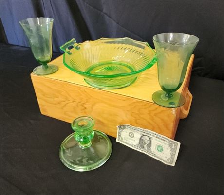 Antique Green Scalloped & Etched Depression Glass