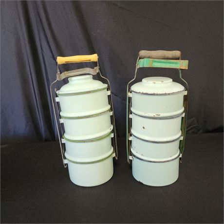 2 Vintage Enamel Tiffin 4 Tier Lunch Box Thai Bento Bowl Stackable Carrier