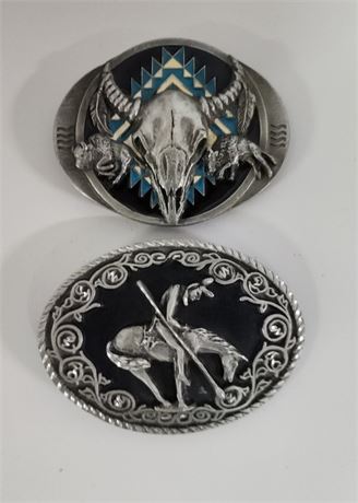 Vintage End of Trail Silver Star & Enamel Buffalo Skull Belt Buckle Pair