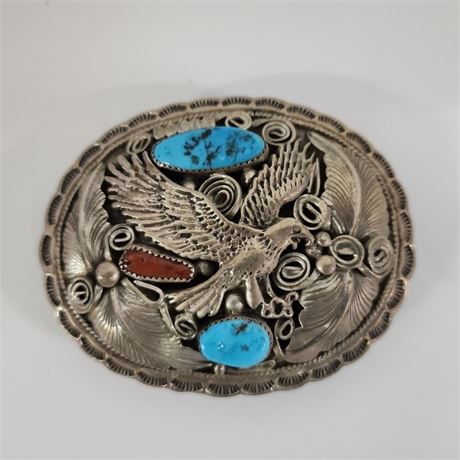 Signed Vintage Sterling Silver w/ Turquoise & Coral Belt Buckle