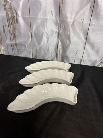 Set of 3 Mid Century White Pottery Leaf Dishes.