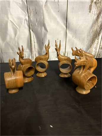 Set of Six African Wood Carved Safari Animal Napkin Rings 3 Rhinos 3 Gazelle