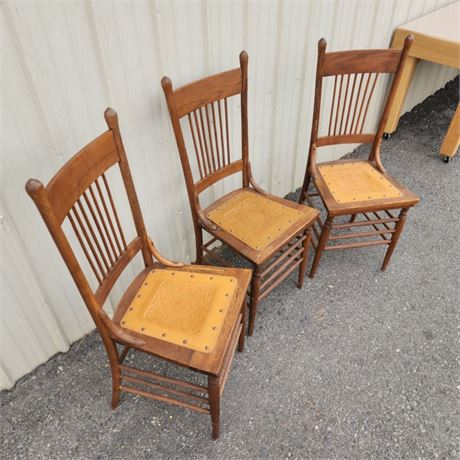 Oak Antique Chairs w/ Tooled Leather & Rivet Seats - Nice!