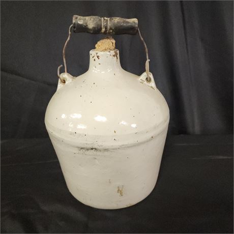 Antique Wood Handle Stoneware Jug