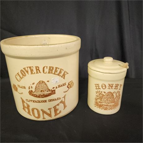 🍯Antique Clover Creek Indiana Stoneware Honey Jar Pair