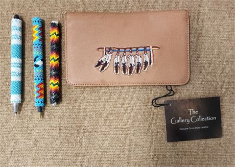 NEW Stitched Pig Skin Check Book Cover & Beaded Pen Covers