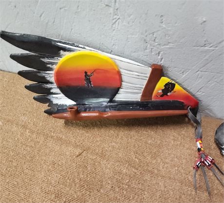 Painted Native American Style Art Feathers w/ Pipe - Signed