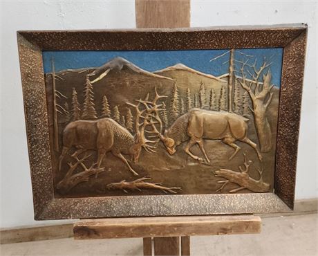 Nice Antique Copper Relief Elk Battle Artwork - 26x19